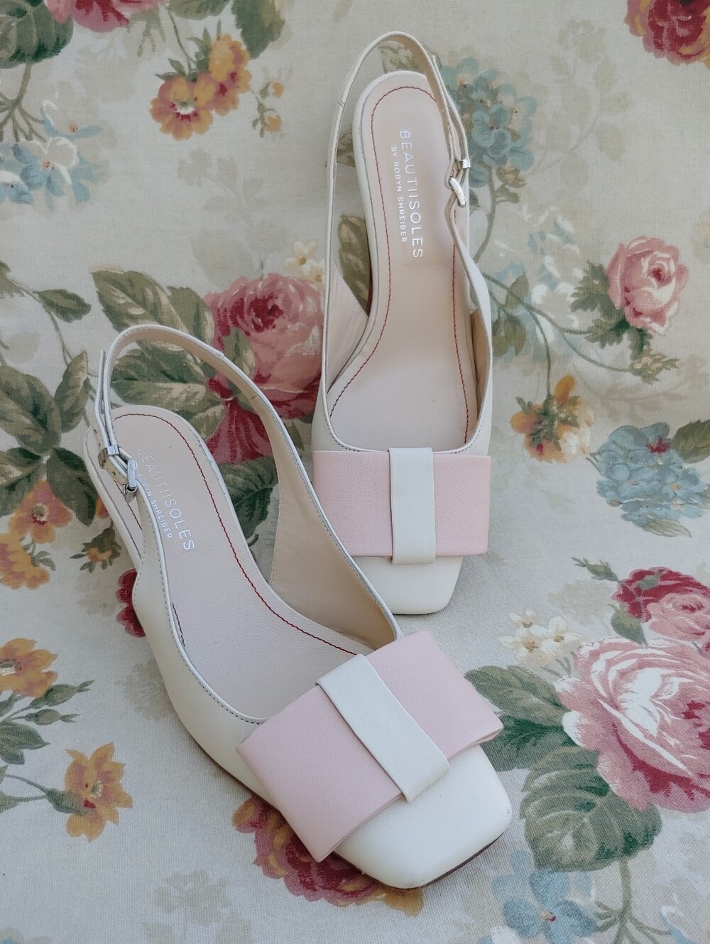 Beautiisoles Makayla Leather Pink Bow & Cream Slingback Heels Women's 9